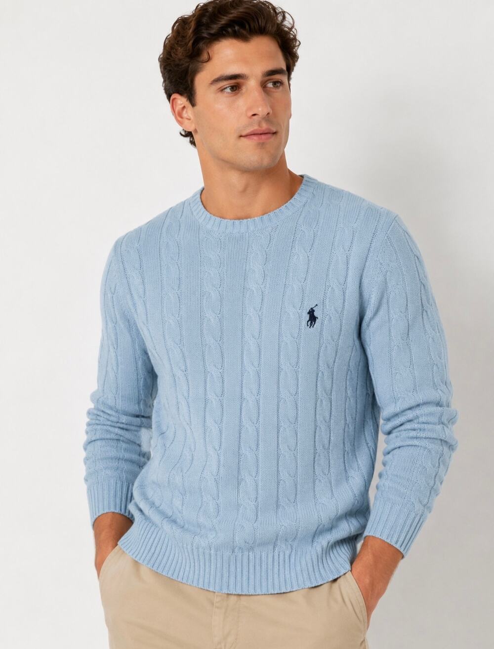 Polo Ralph Lauren Light Blue Cable Knit Crewneck Sweater Logo Men's XL
